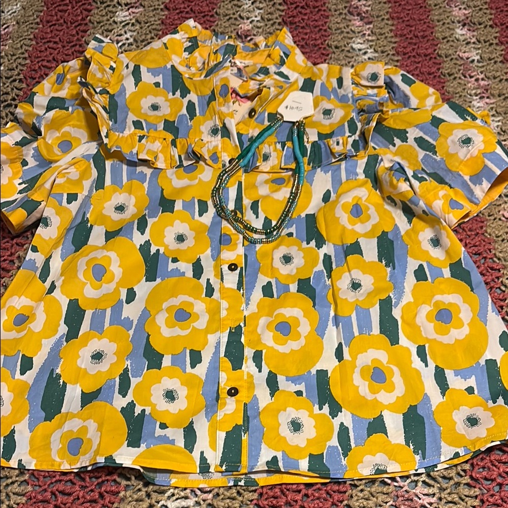 Yellow and Blue Floral 100% Cotton Blouse with 2 matching beaded necklaces